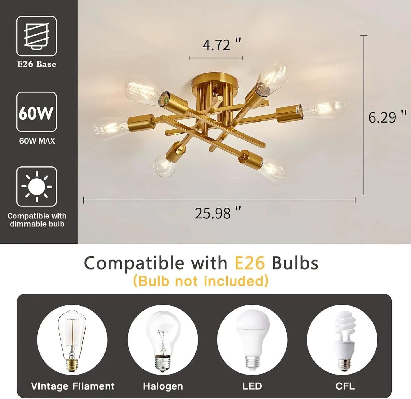 Gold Sputnik Chandelier Semi Flush Mount Ceiling Light from PriceLows™