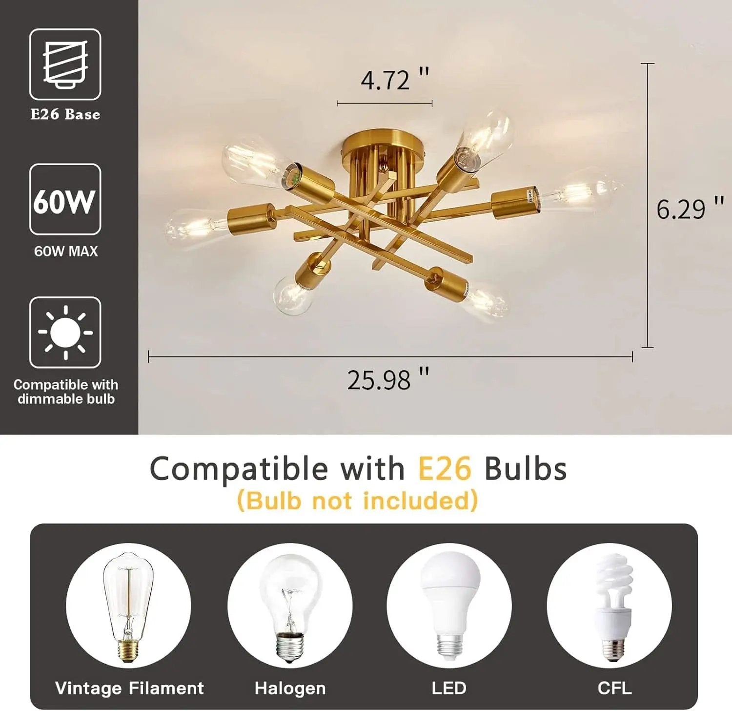 Gold Sputnik Chandelier Semi Flush Mount Ceiling Light from PriceLows™