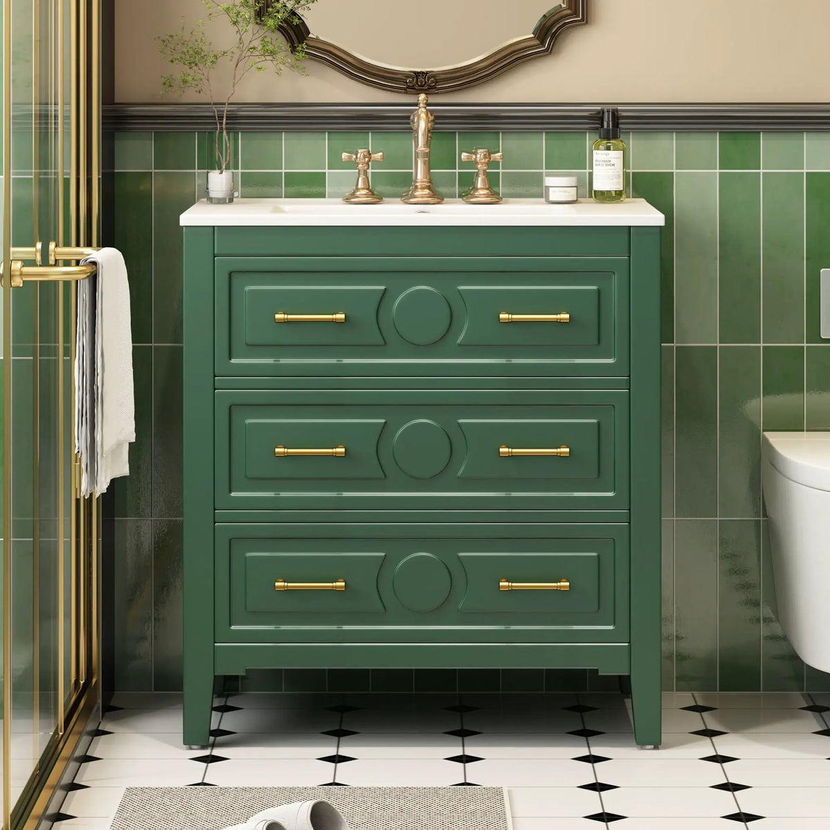 30 Inch Retro Bathroom Vanity | Free Standing Single Set | 3 Drawers | Solid Wood Frame