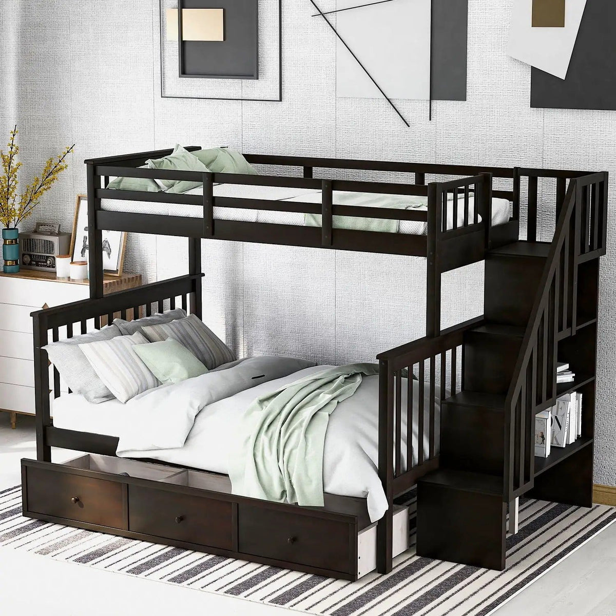 Stairway Bunk Bed With Storage And Guard Rail For Bedroom | 2 Pieces | Bedroom Furniture | Bedroom