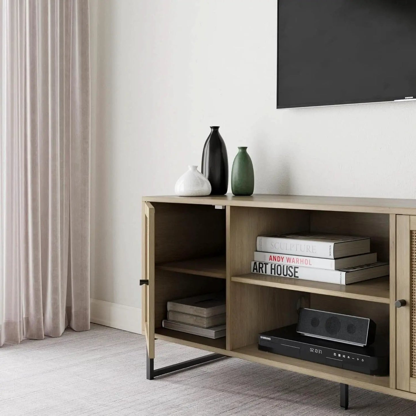 Mina Modern TV Stand With Storage Doors Oak Finish from PriceLows™