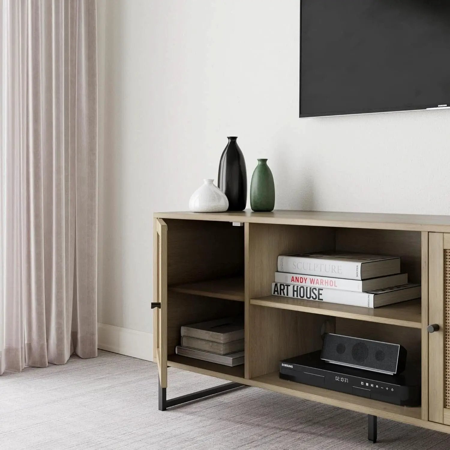 Mina Modern TV Stand With Storage Doors Oak Finish from PriceLows™