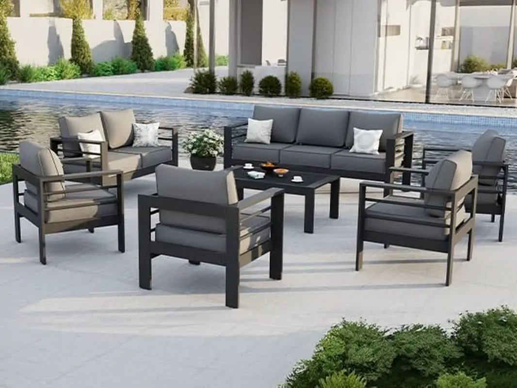Aluminum Patio Set 7 Piece With Waterproof Covers Grey from PriceLows™