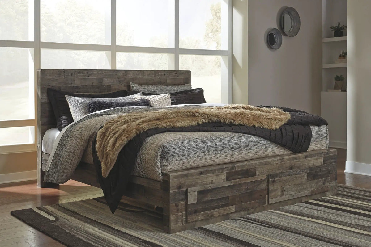 Derekson Panel Bedroom Set | 4-Piece | Rustic Butcher Block Finish | Replicated Pine Grain