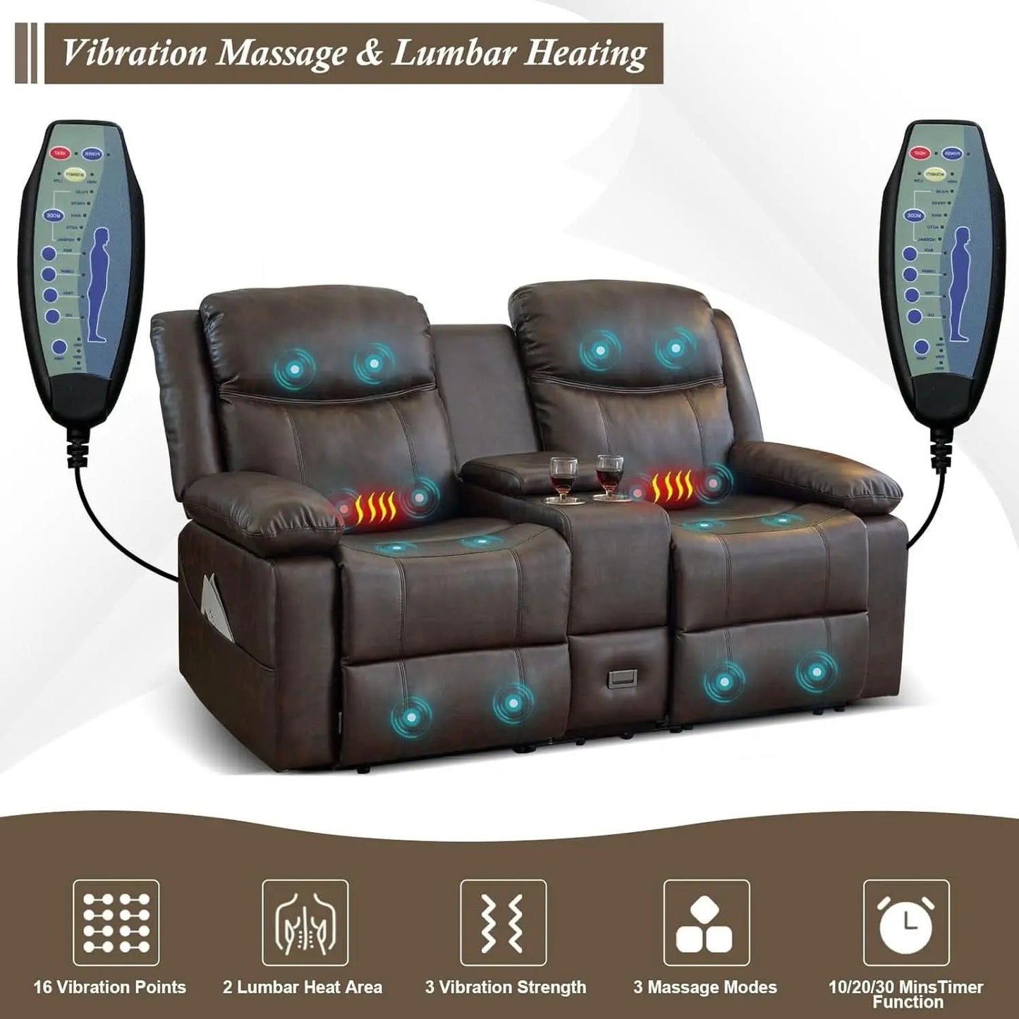 Brown PU Leather Two Seater Loveseat Recliner With Console And Double Reclining from PriceLows™