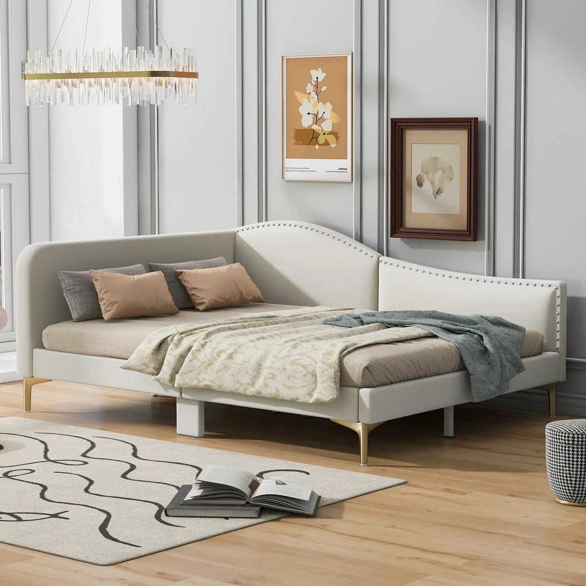 Upholstered Daybed | Headboard And Armrest | Support Legs | 80.5 Inch Length