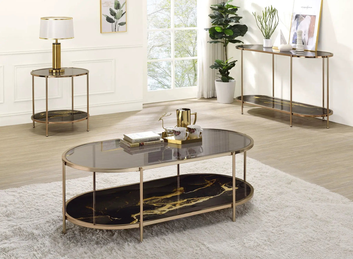 Fiorella Marble Print Glass Coffee Table | Metal Frame | Lower Shelf | 50 Inch Width