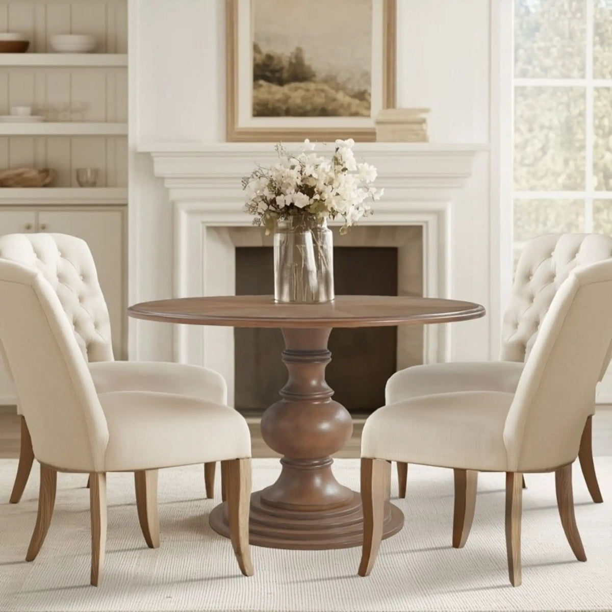Round Pedestal Dining Table - | 46 x 46 x 30 in | Walnut & Veneer | Walnut