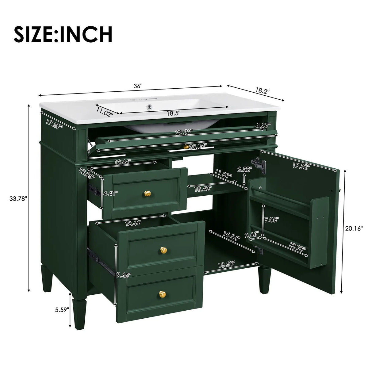 36 Inch Bathroom Vanity With Top Sink | 3 Drawers | Metal Drawer Slides | Ceramic Sink