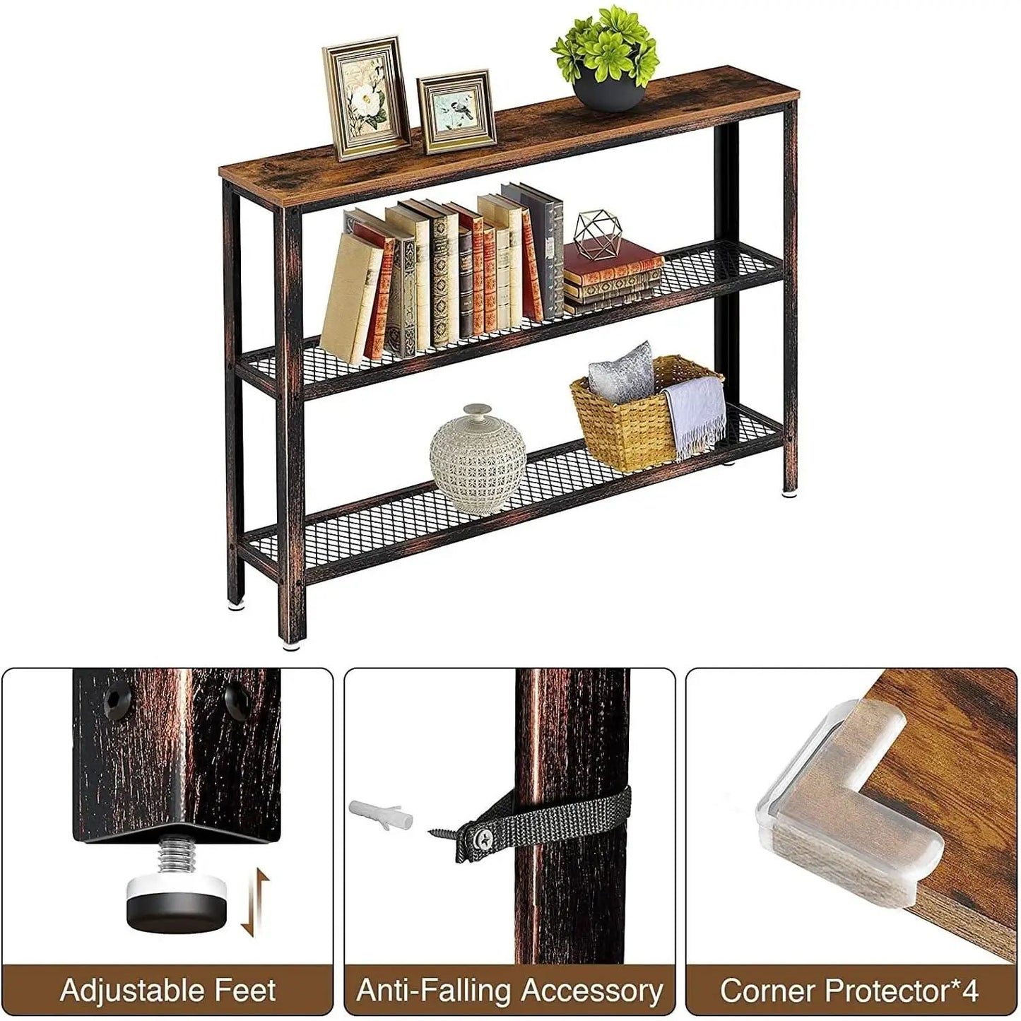 Rustic Console Table 47.25 Inch Long With Mesh Shelves from PriceLows™