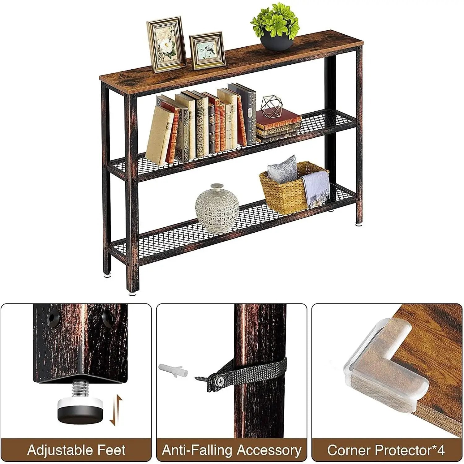 Rustic Console Table 47.25 Inch Long With Mesh Shelves from PriceLows™