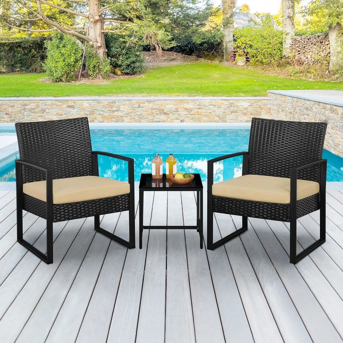 3 Piece Rattan Bistro Set Outdoor Furniture With 2 Chairs And Tempered Glass Coffee Table Black And Khaki from PriceLows™