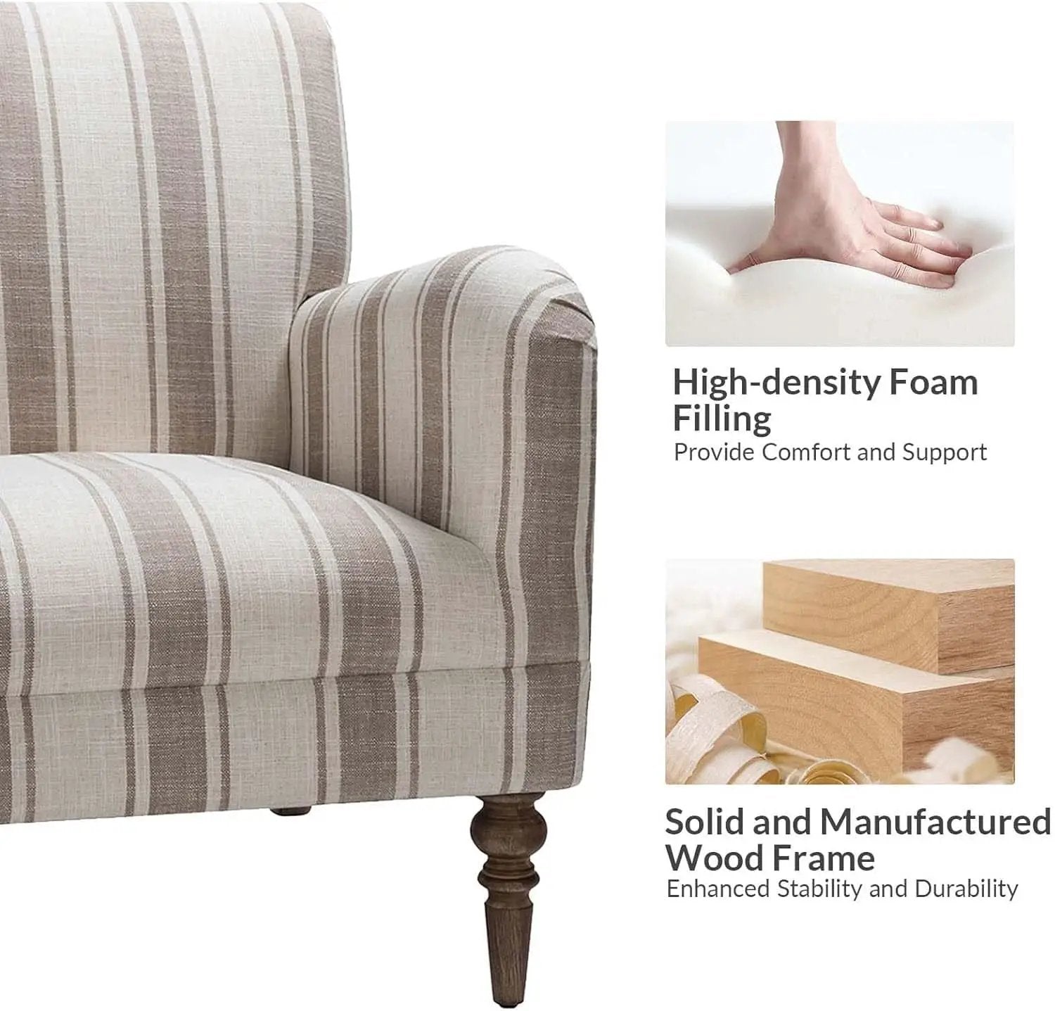 Tan Stripe Accent Chair With Wooden Legs For Living Room from PriceLows™
