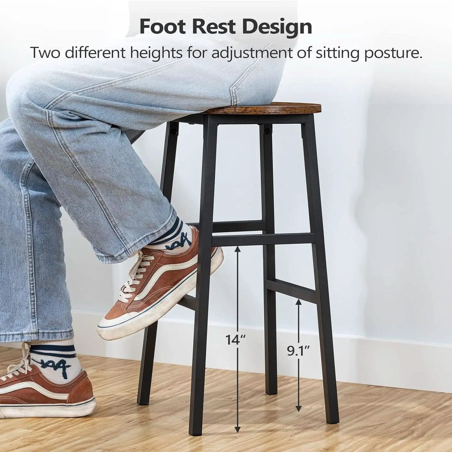 Round Bar Stools Set of 2 With Footrest 24.4 Inch Industrial Rustic Brown from PriceLows™