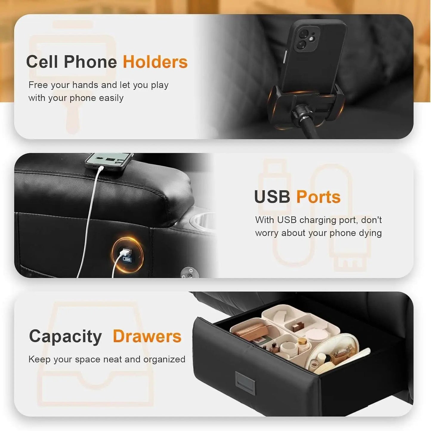 Black PU Leather Four Seater Recliner With USB Ports from PriceLows™