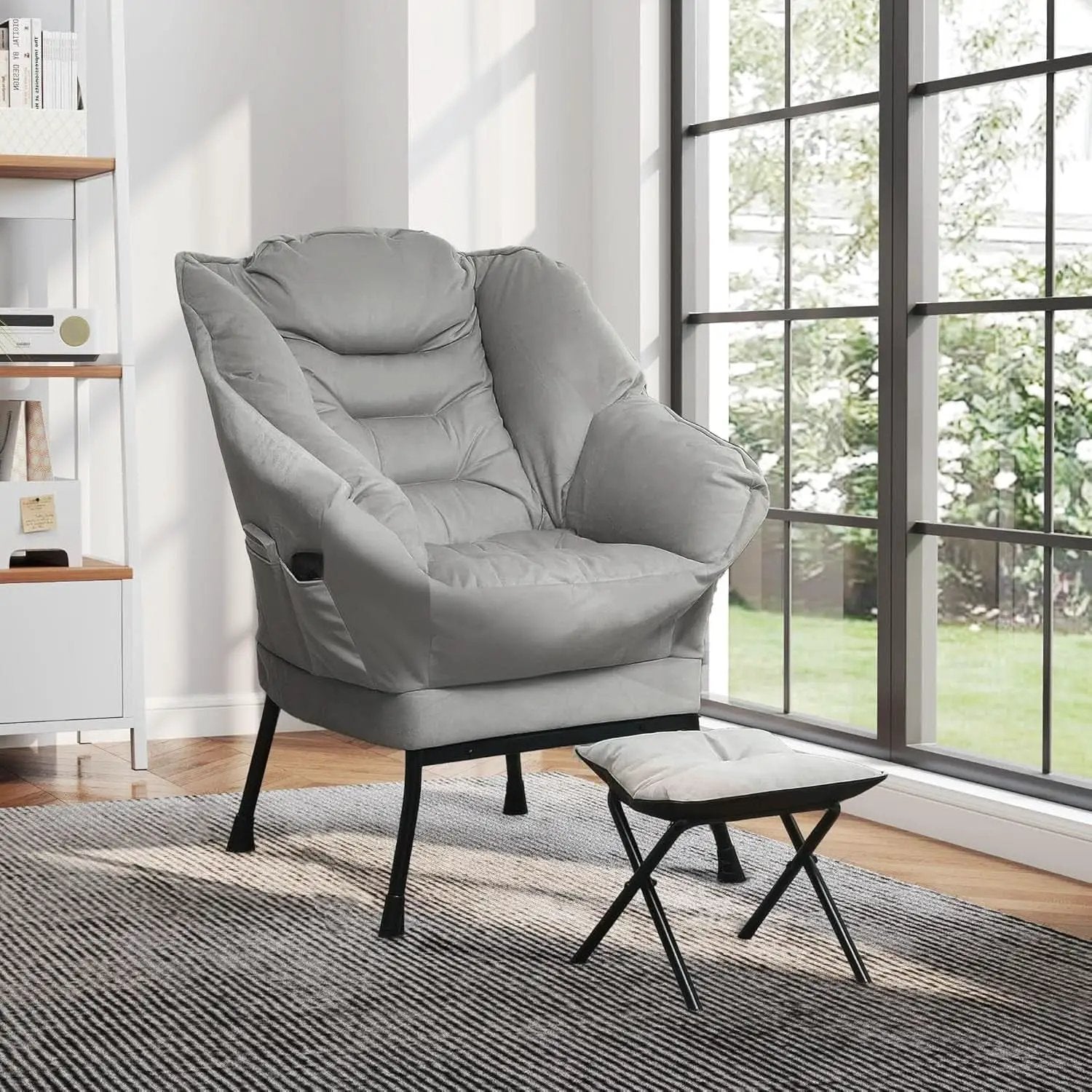 Fabric Lounge Chair With Ottoman Light Gray Overstuffed Padding from PriceLows™
