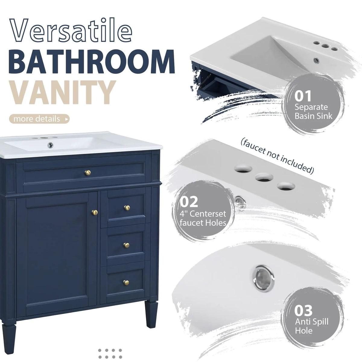 Bathroom Vanity With Top Sink, 2 Doors And 3 Drawers, Freestanding Set With Mirror | Vanity & Cabinet | Solid Wood & Ceramic | Bathroom