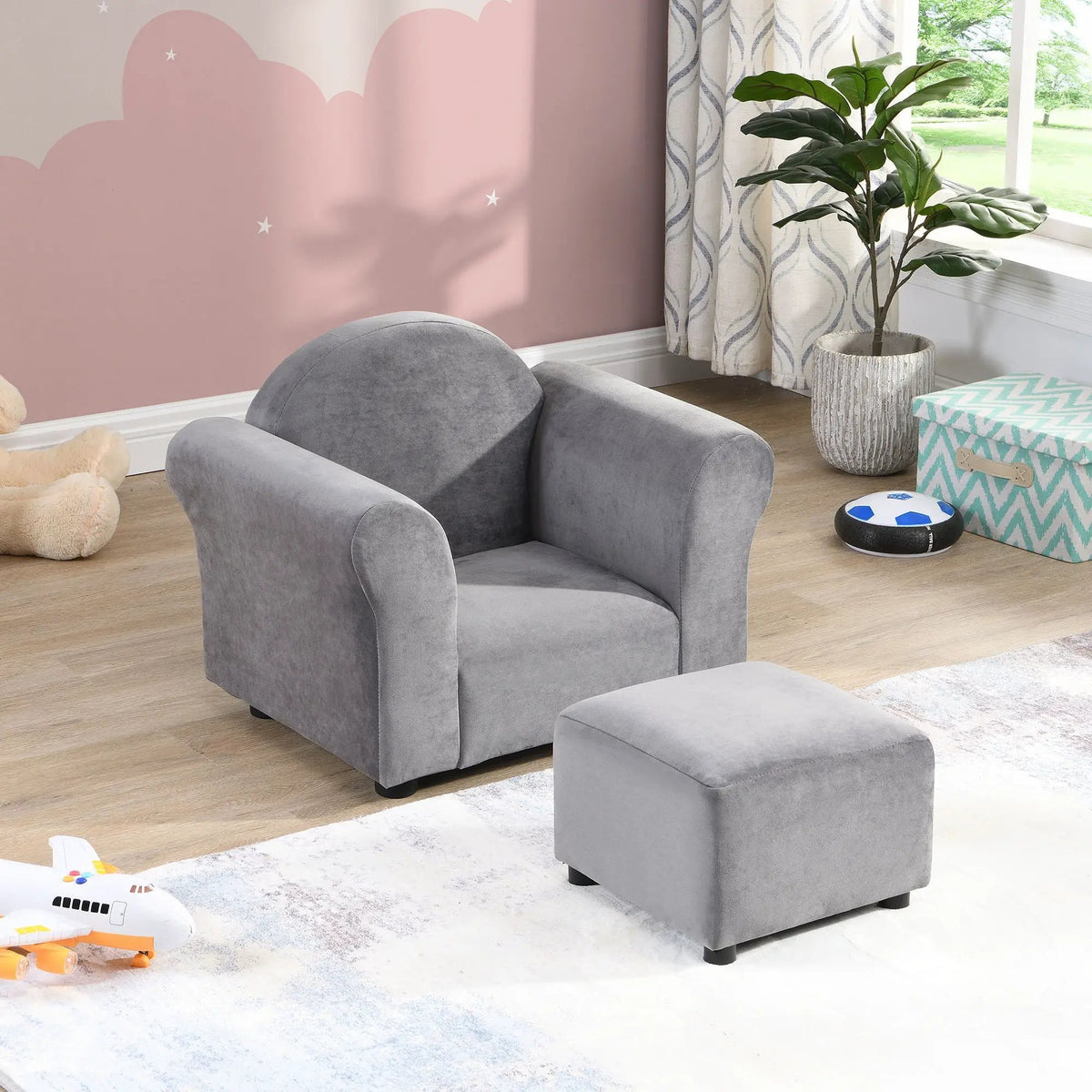 Kids Recliner | Upholstered Couch With Ottoman | Dark Gray