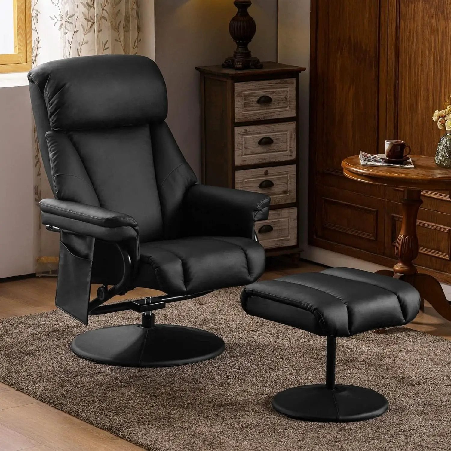 Swivel Recliner With Ottoman Black Faux Leather Massage from PriceLows™