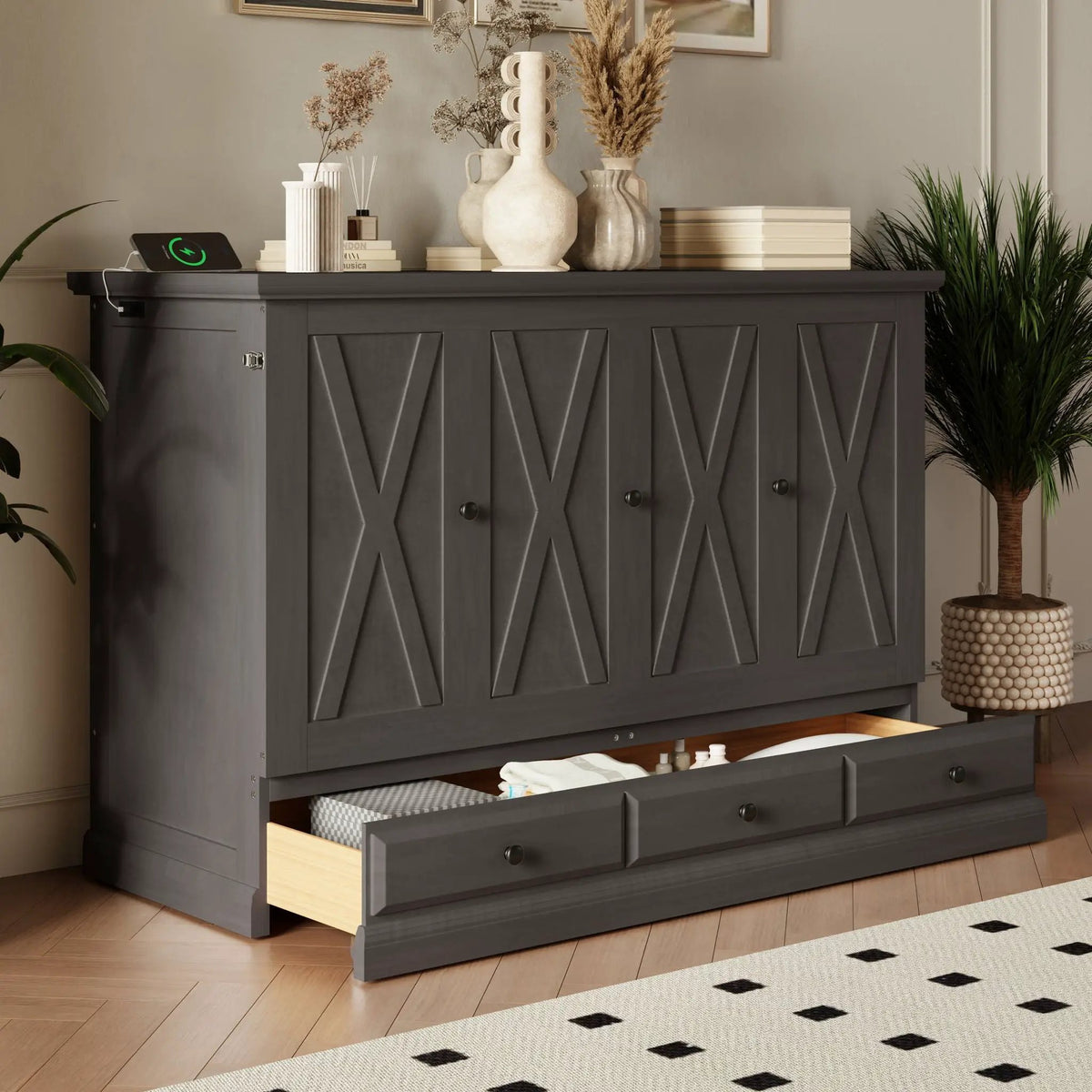 Solid Pine Murphy Bed | USB Charging Station | Storage Drawer