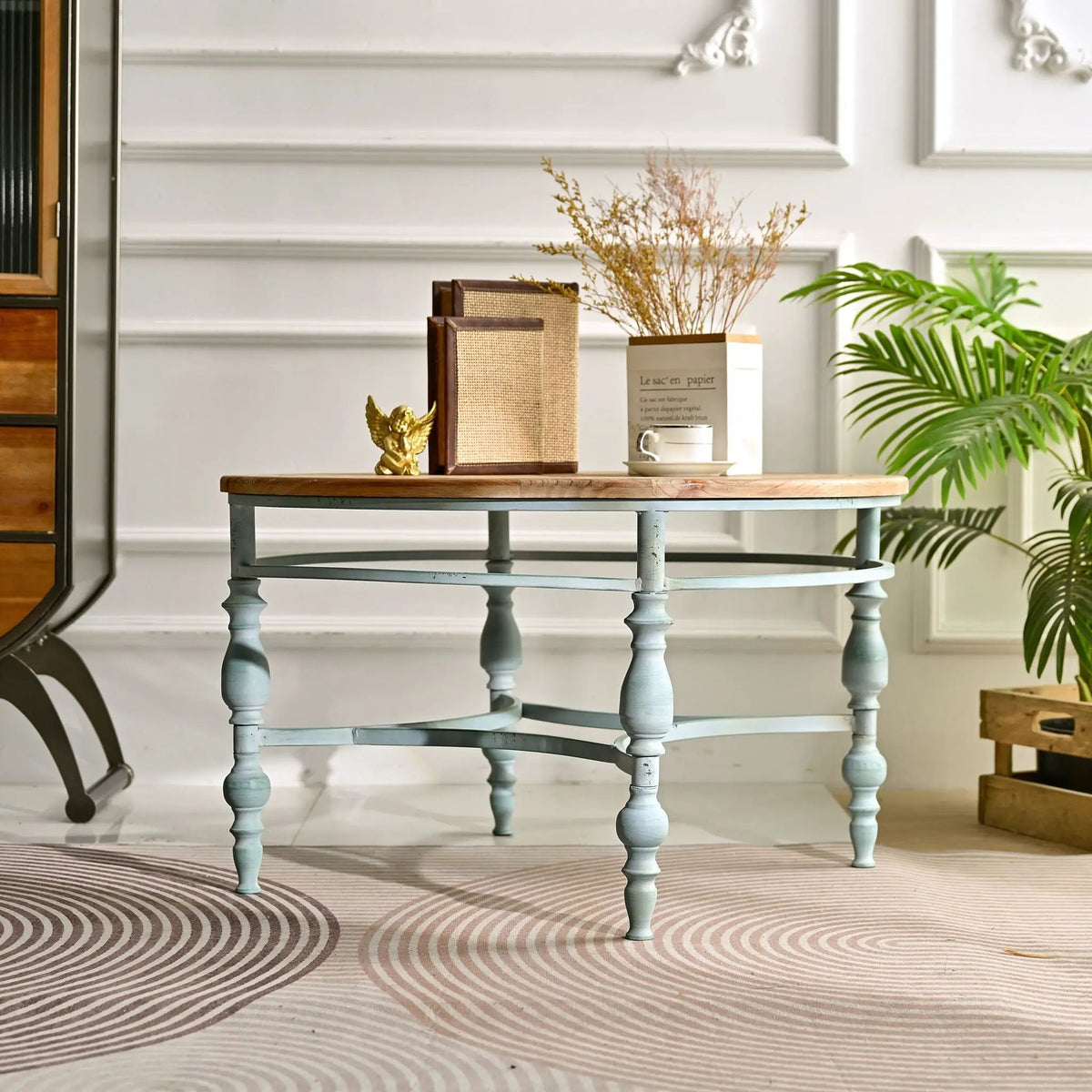 Round Carved Top Coffee Table | 31.5 Inch Diameter | Detachable Metal Legs | Easy Assembly