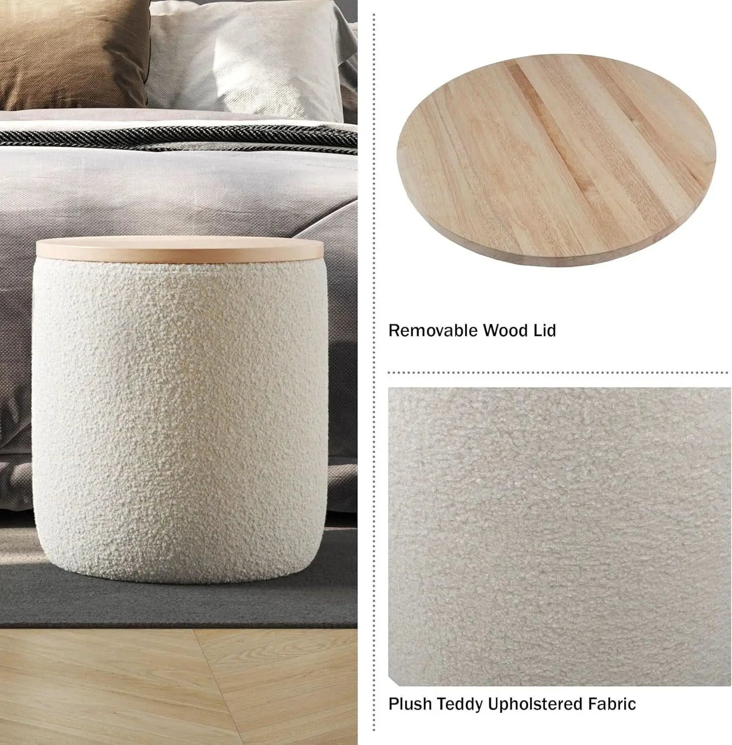 Cream Textured Storage Ottoman Removable Lid Walnut from PriceLows™