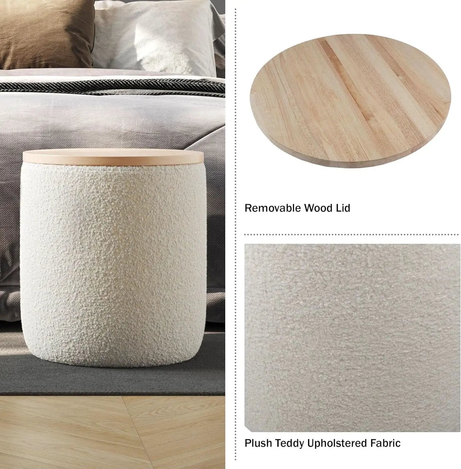 Cream Textured Storage Ottoman Removable Lid Walnut from PriceLows™