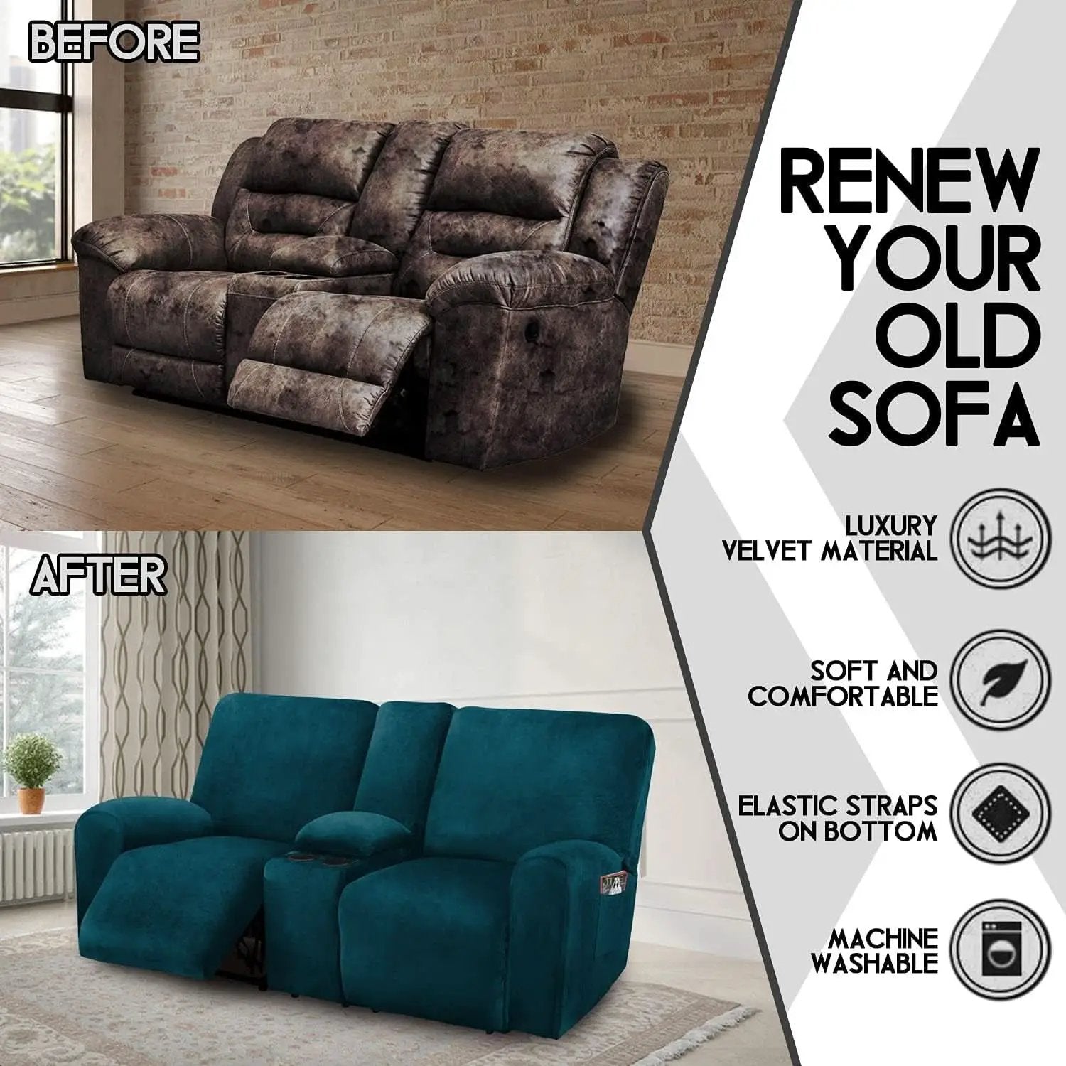Deep Teal Velvet 8 Piece Reclining Loveseat Cover Set from PriceLows™