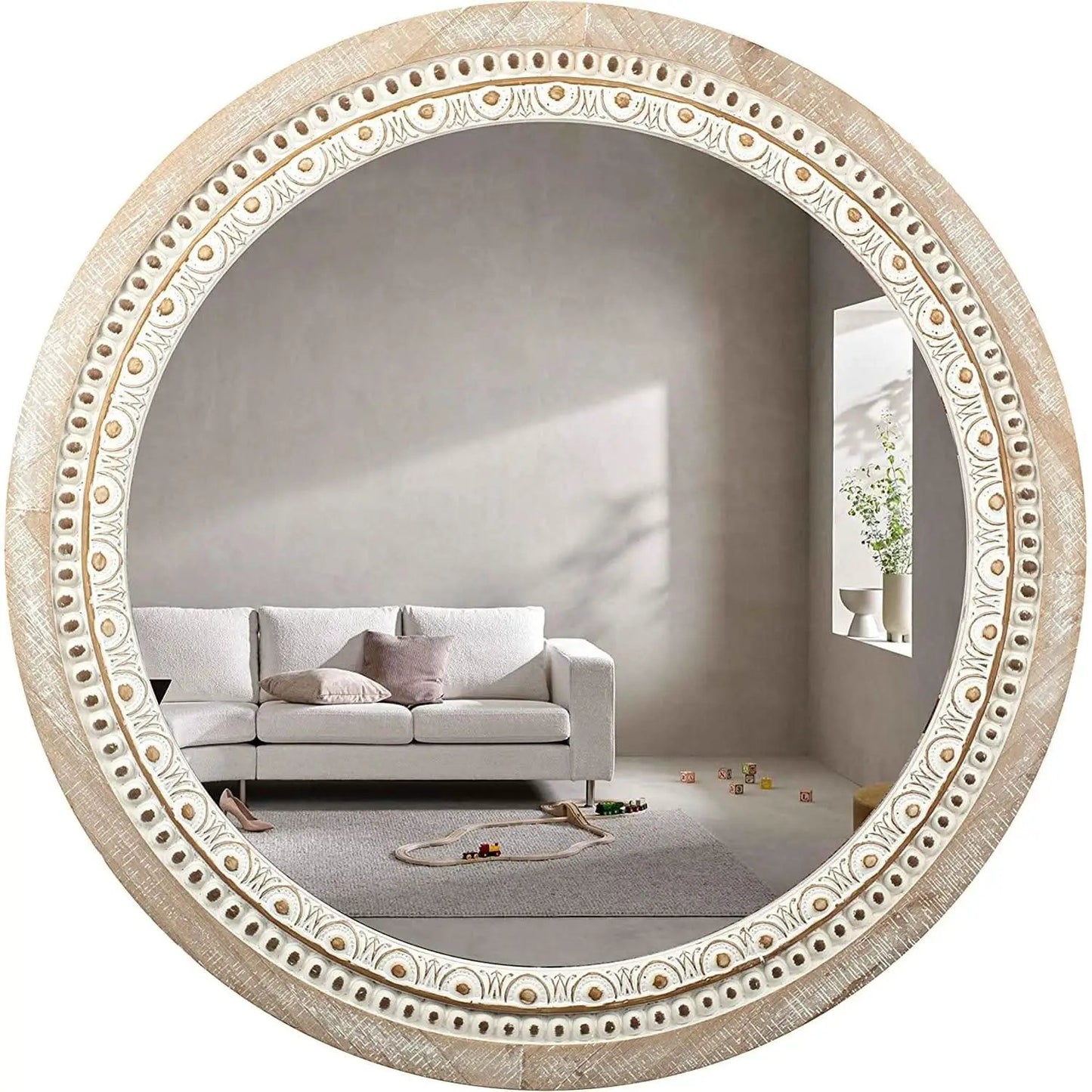 Farmhouse Rustic 30 Inch Wooden Round Mirror Wall Decor from PriceLows™