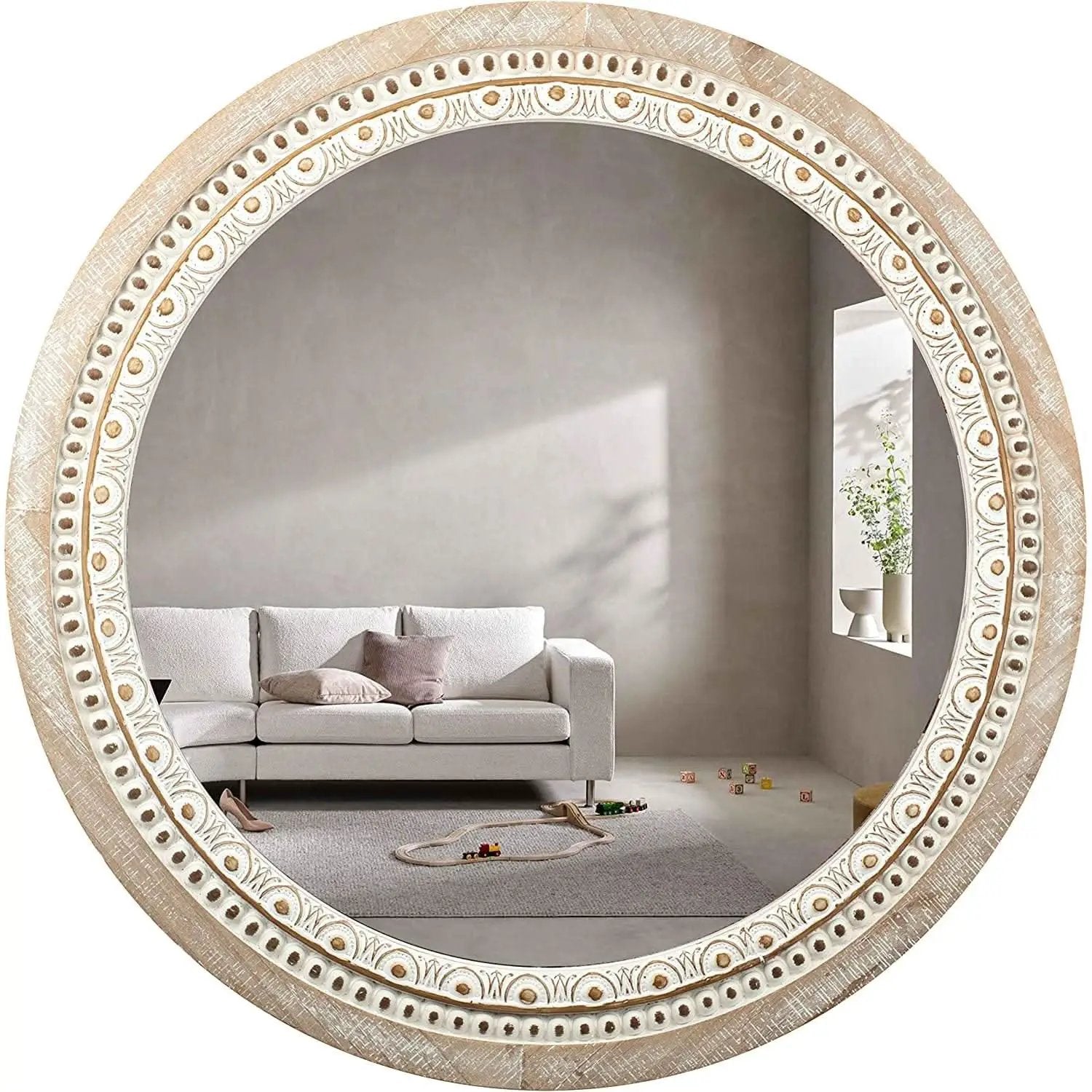 Farmhouse Rustic 30 Inch Wooden Round Mirror Wall Decor from PriceLows™