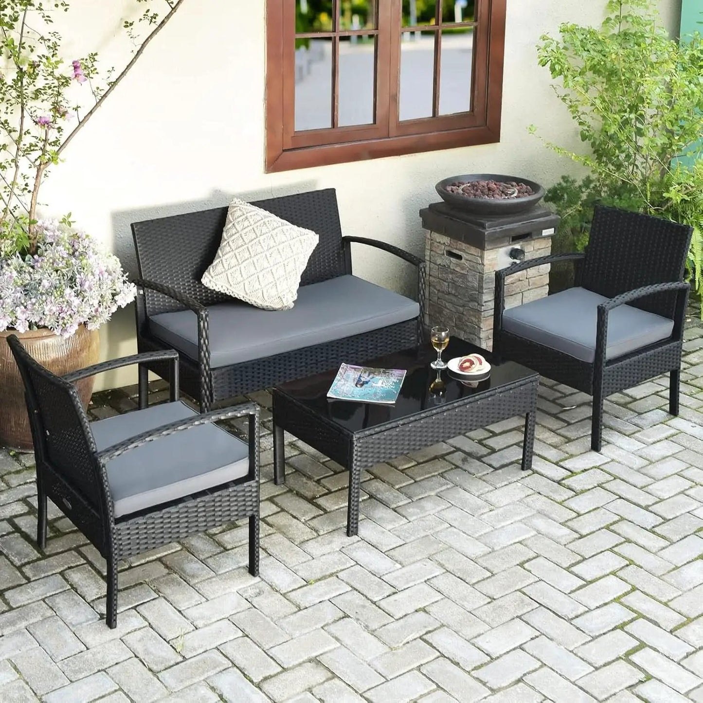 4 Piece Patio Rattan Furniture Set With Glass Coffee Table from PriceLows™