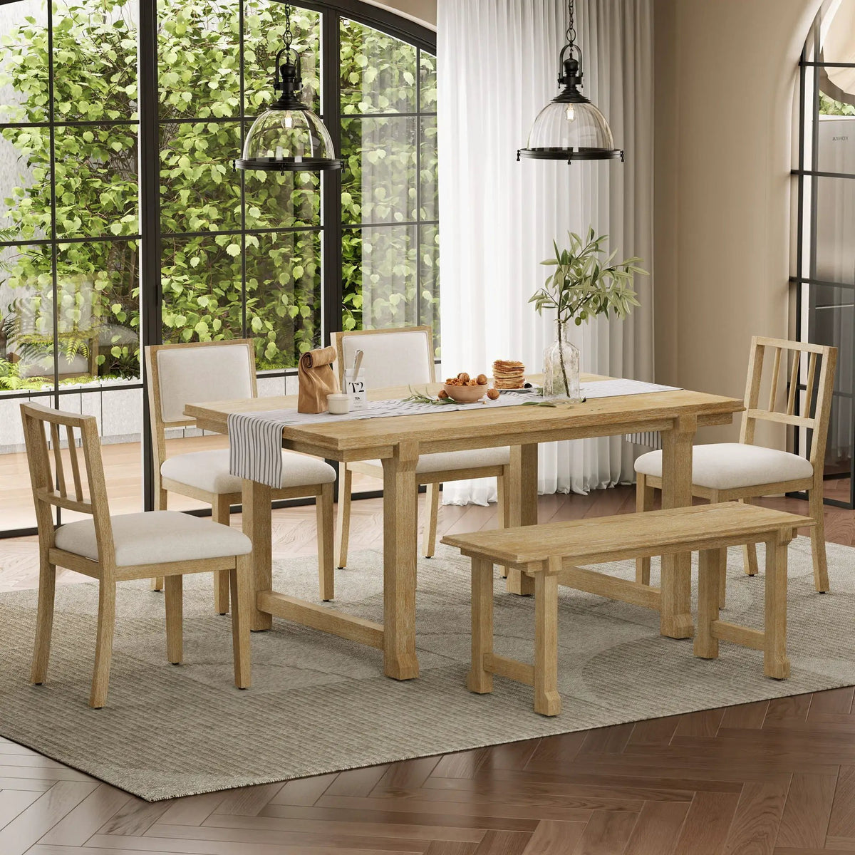 6 Piece Dining Set | Solid Rubber Wood | 4 Slat 2 Upholstered