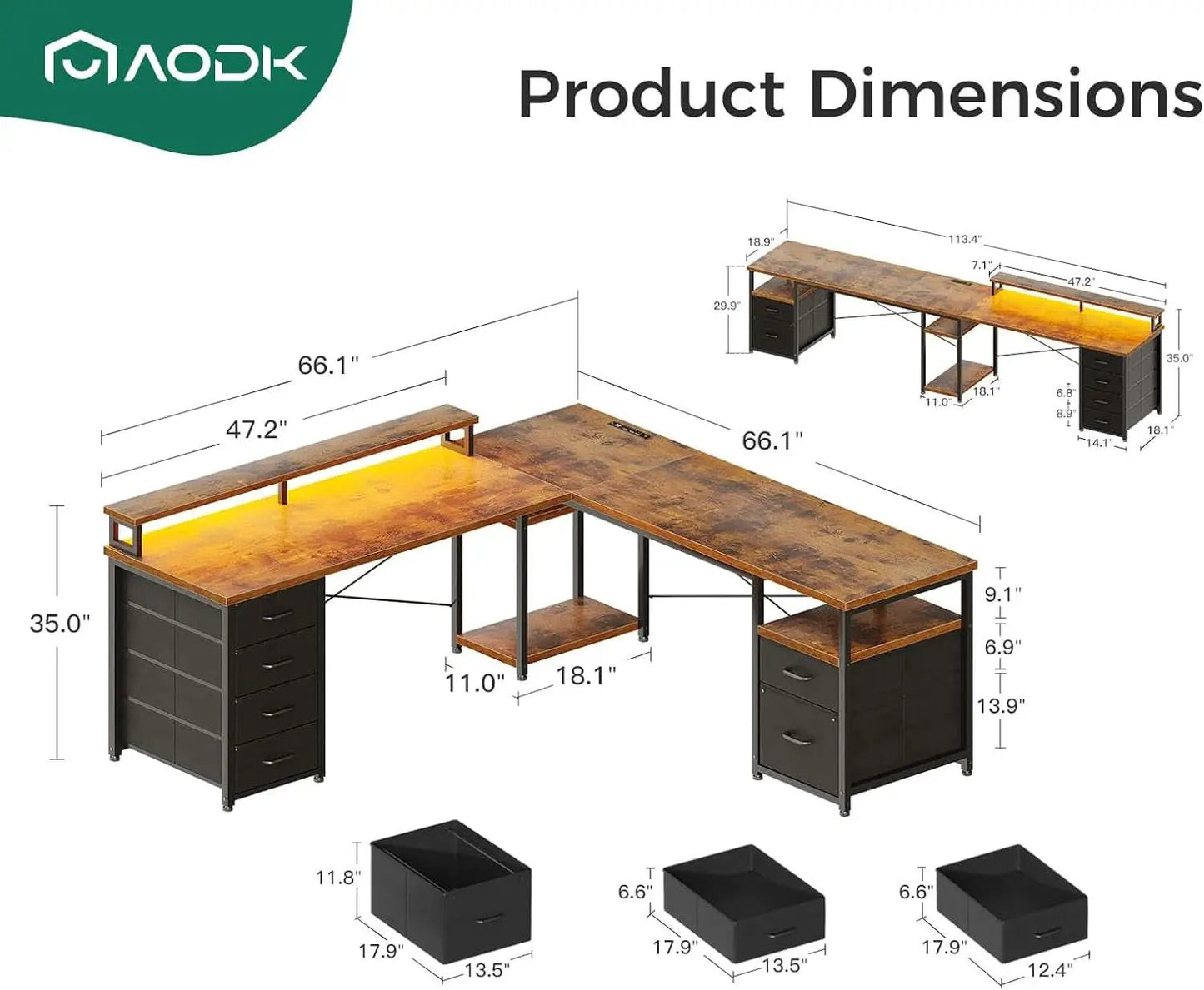 66 Inch L Shaped Desk With LED Lights And Power Outlet from PriceLows™
