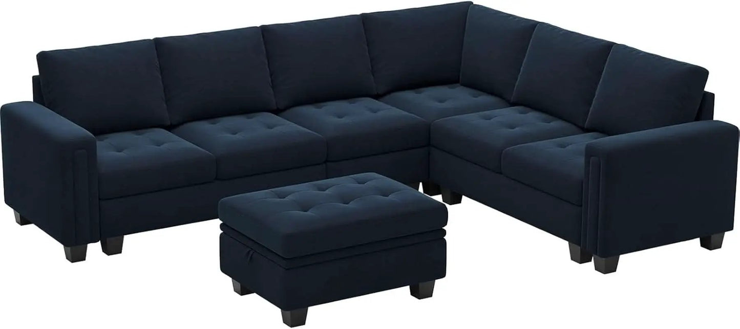 Velvet L Shaped Sofa Reversible Chaise Storage Ottoman Blue from PriceLows™