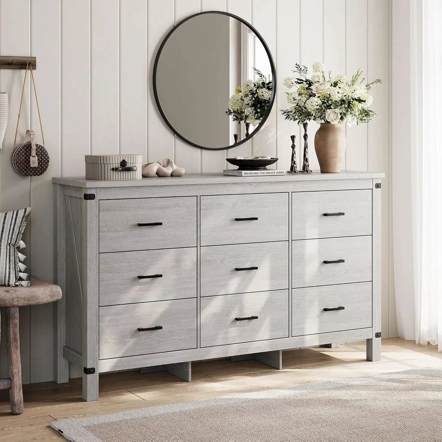 59 Inch Washed Grey Modern Farmhouse DresserWithNineDrawers from PriceLows™