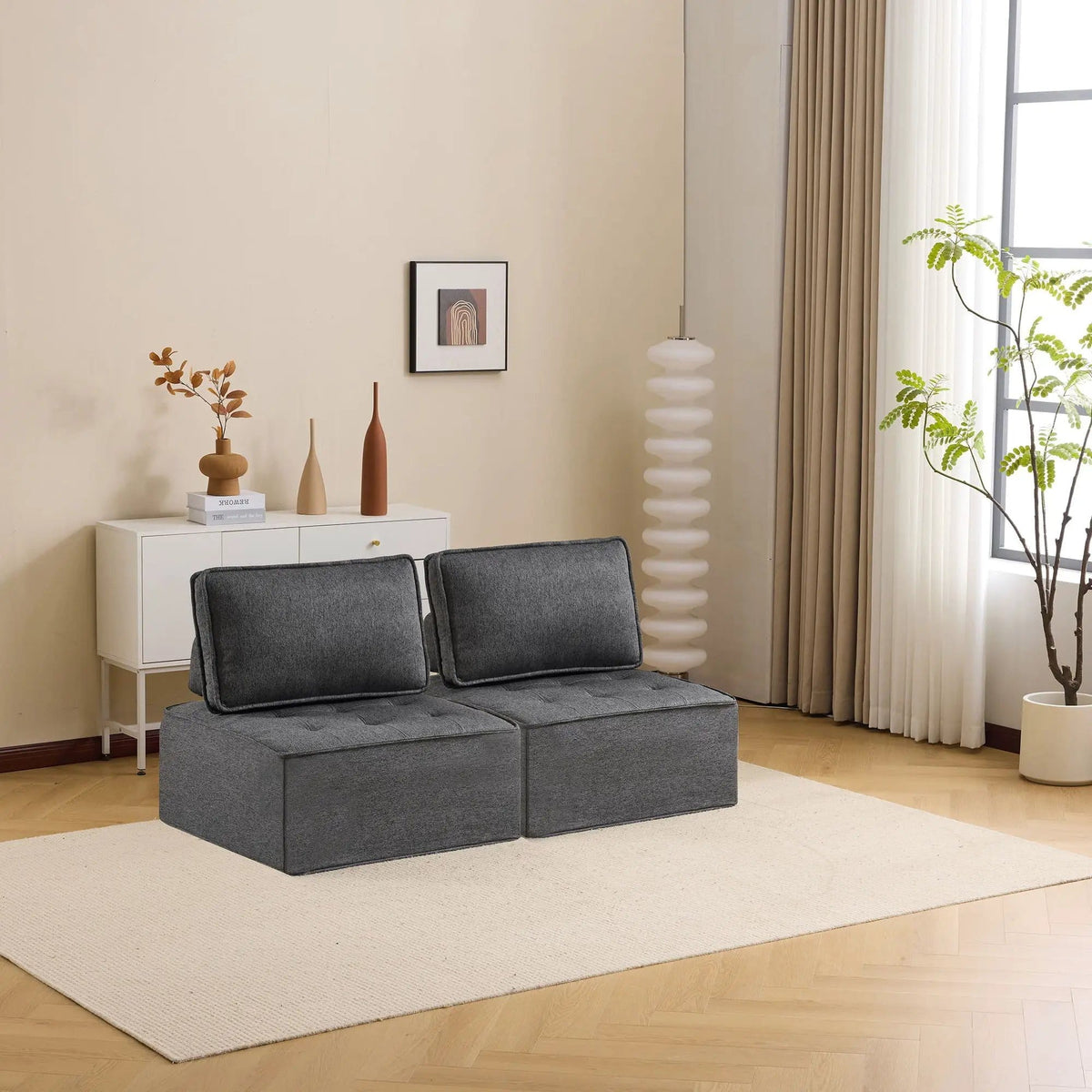 Sofa With Modular Splicing Design Armless Chair | 2 Pieces | Solid Wood & Linen | Living Room