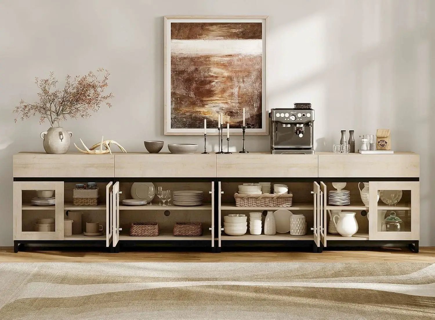 Natural Oak Contemporary Sideboard With Glass Doors from PriceLows™