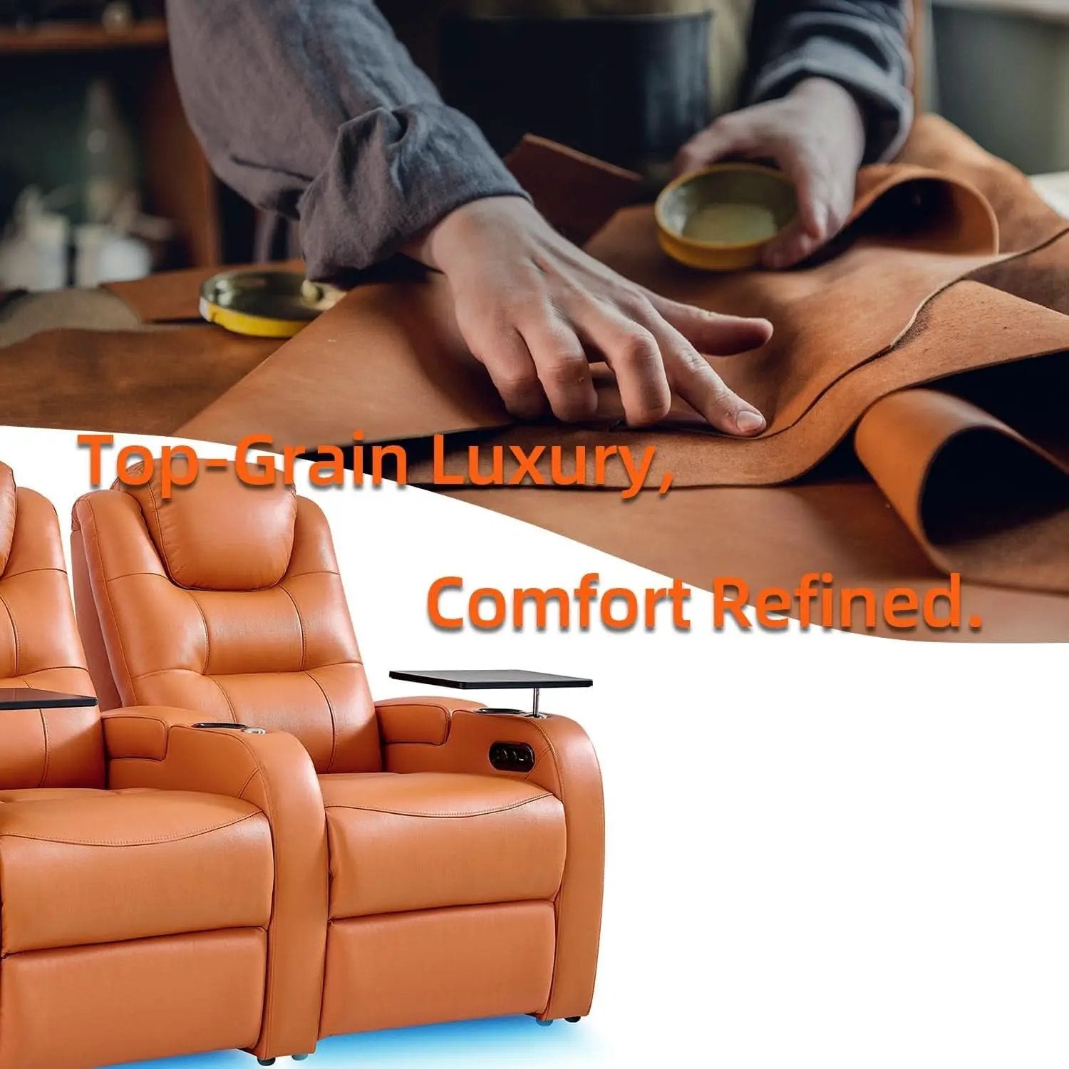 Orange Top Grain Leather Home Theater Seating Row Of Three USB Charger from PriceLows™