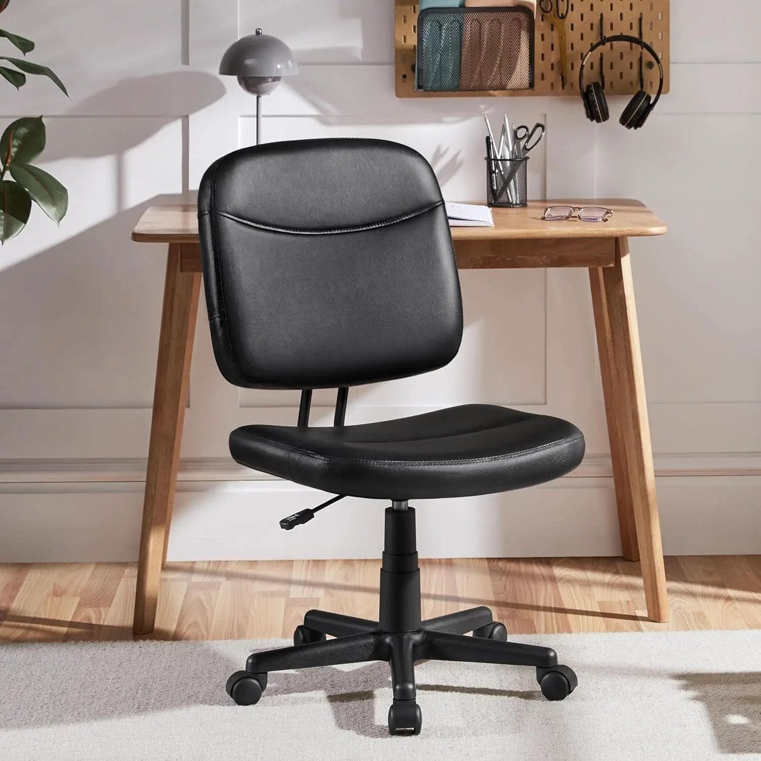 Armless Ergonomic Office Chair Black PU Leather Swivel from PriceLows™