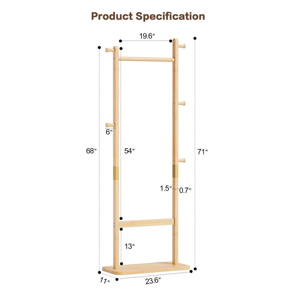 Solid Wood Hat Rack | Freestanding Coat Rack | Rubber Wood | 71 Inch Height