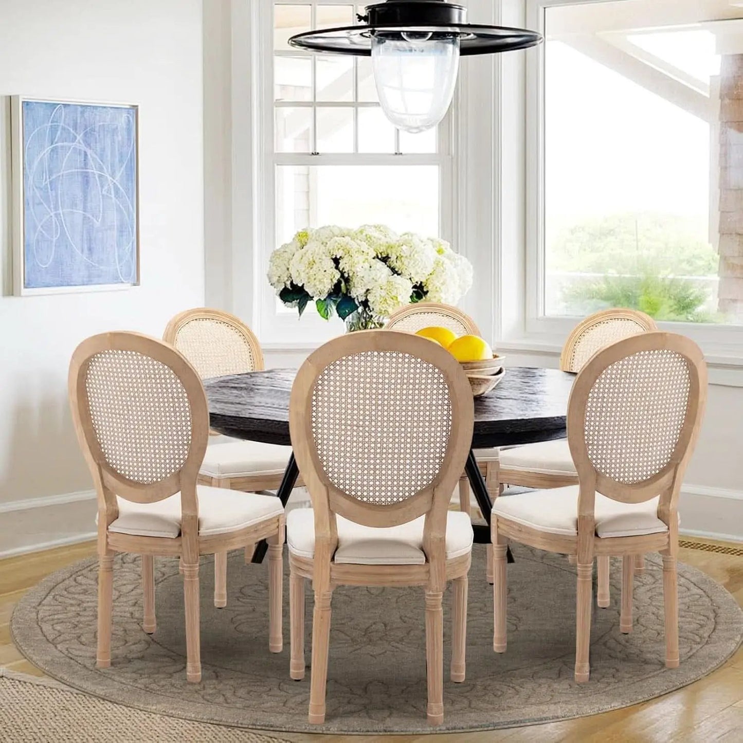 Oval Back Rattan Upholstered Dining Chairs Set Of 6 Beige With Wood Legs from PriceLows™