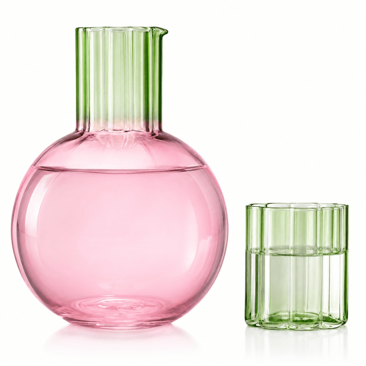 Colorful Carafe & Ribbed Flower Cup Set 44oz Glasses | 44 oz | Glass | Serving Pitcher & Carafe