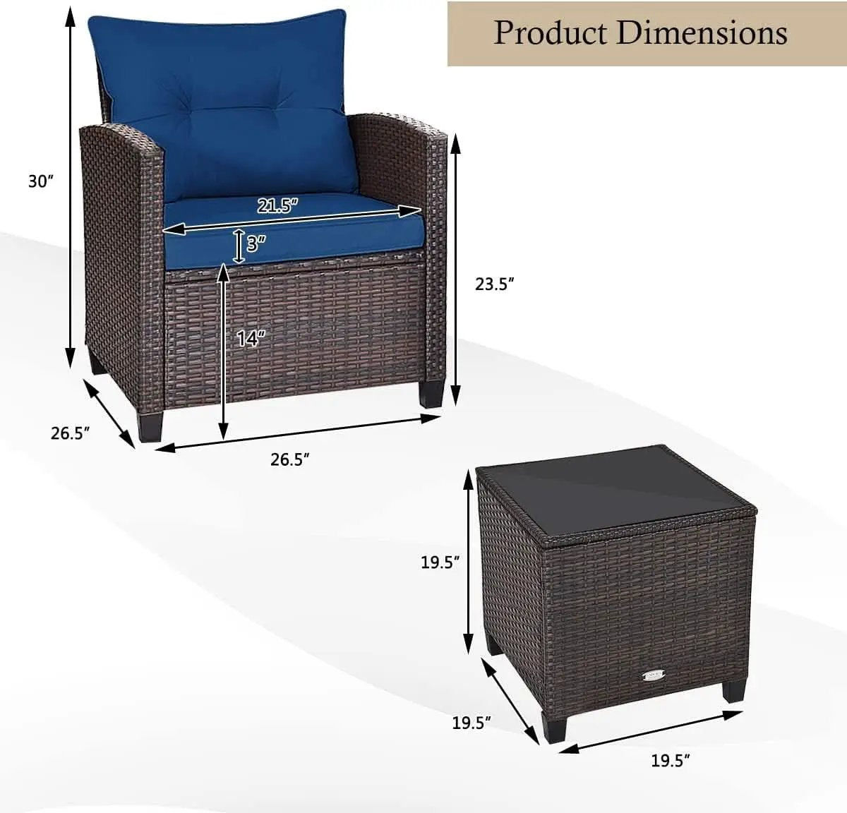 Three Piece Patio Furniture Set With Washable Cushions And Tempered Glass Tabletop Navy Blue from PriceLows™