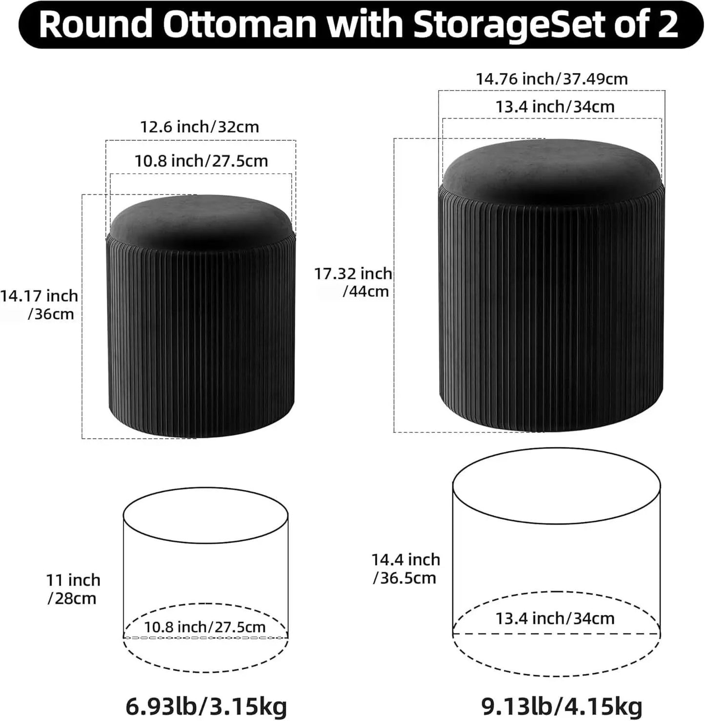 Round Velvet Storage Ottoman Black Lacquered Finish from PriceLows™