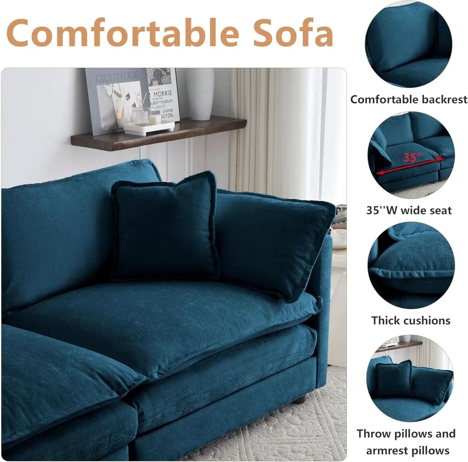 Blue Chenille Three Piece Sofa Set With Seven Pillows from PriceLows™
