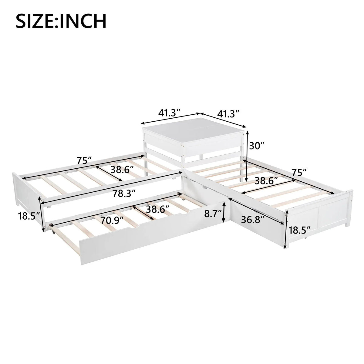 L Shaped Platform Bed | Built In Desk | Trundle With Drawers | Twin Size