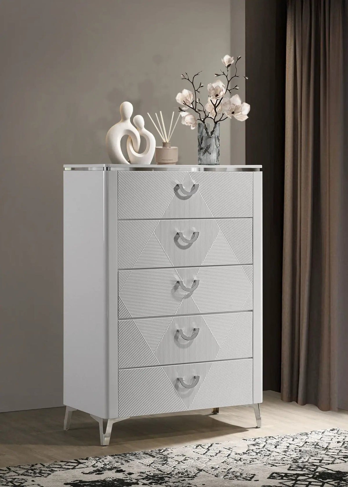 Cassia 5-drawer Bedroom Chest of Drawers White High Gloss | 35 x 17.75 x 52.25 in | Metal | Bedroom