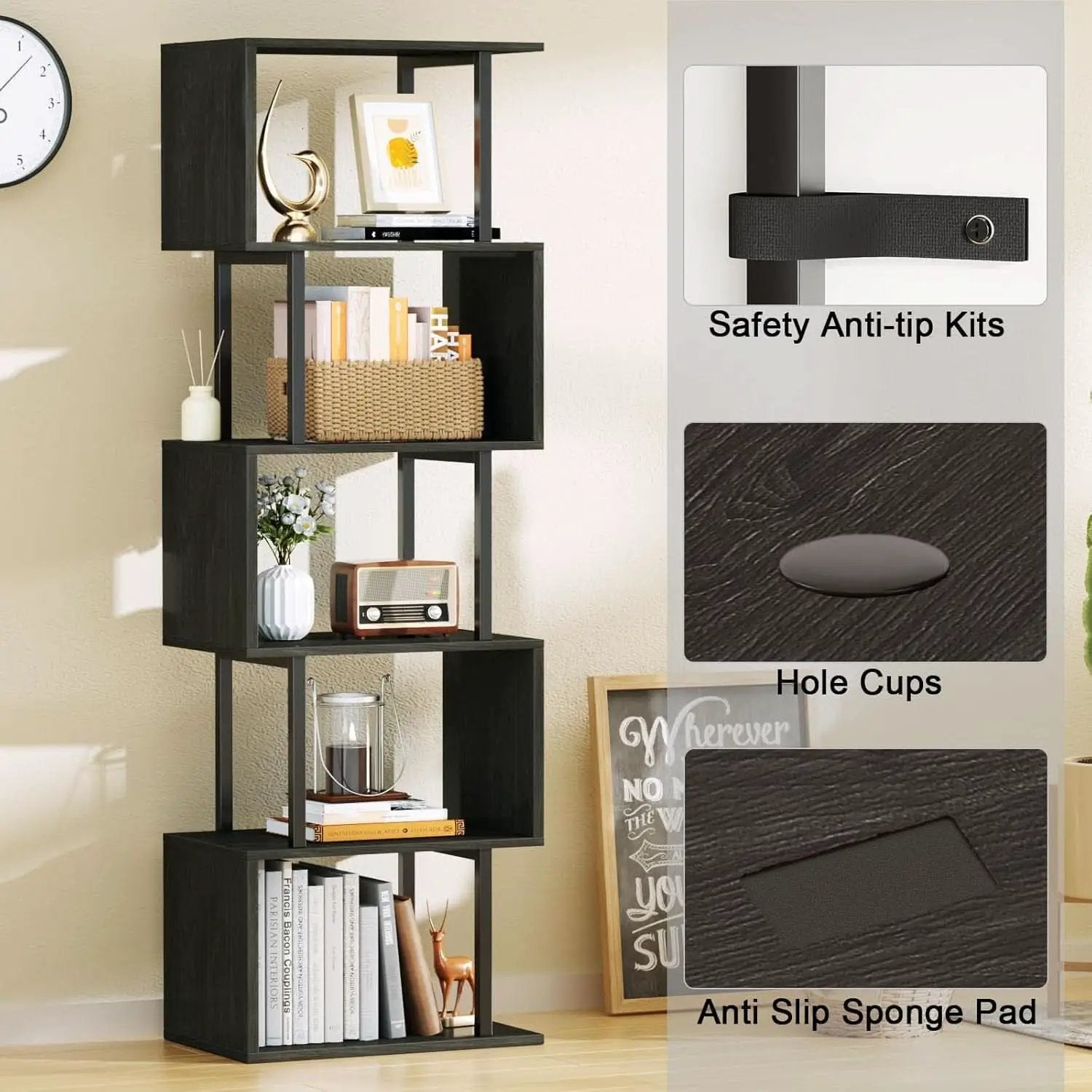 6 Tier Bookshelf Oak Finish Modern Storage Display from PriceLows™