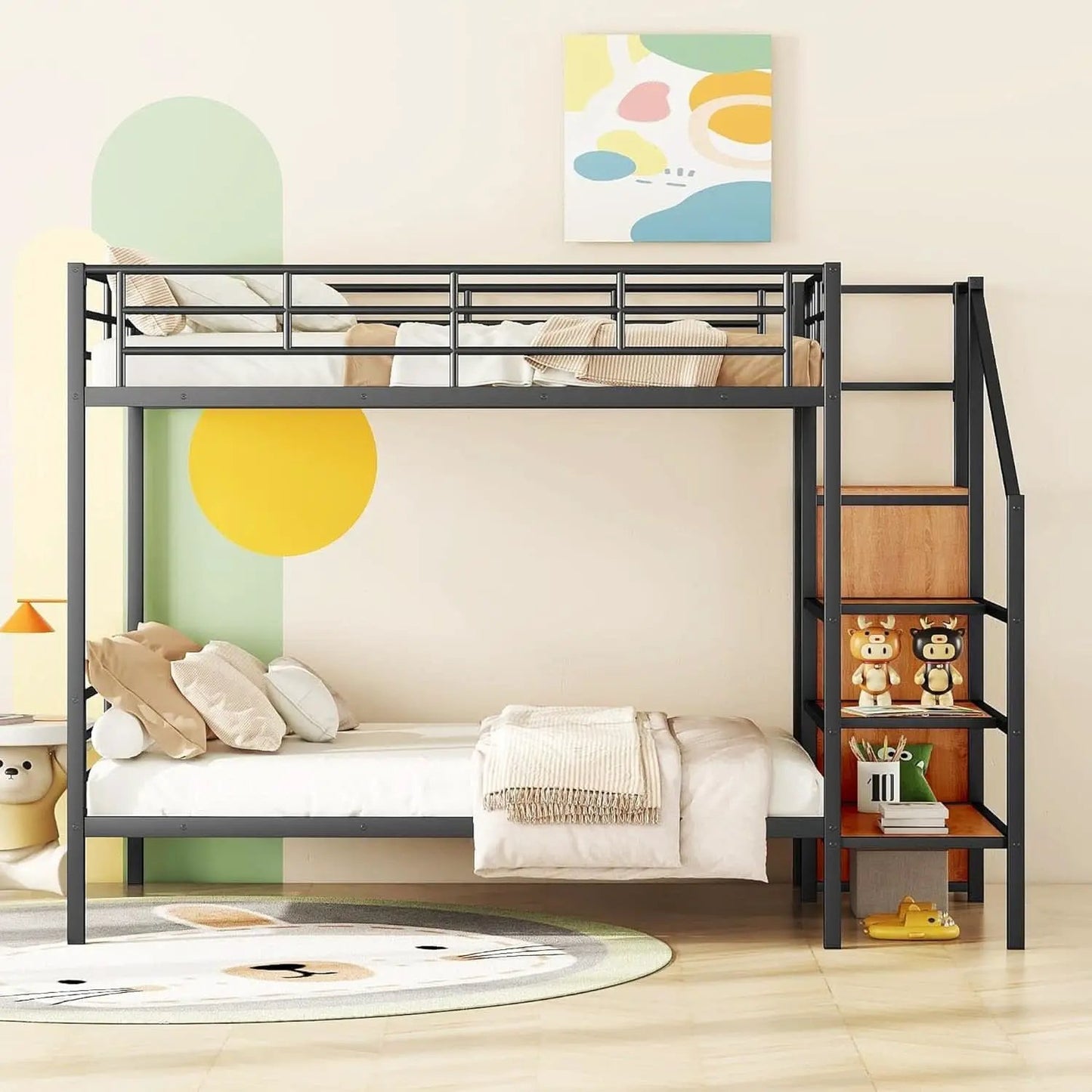 Full Over Full Metal Bunk Bed With Storage Stairs Black from PriceLows™