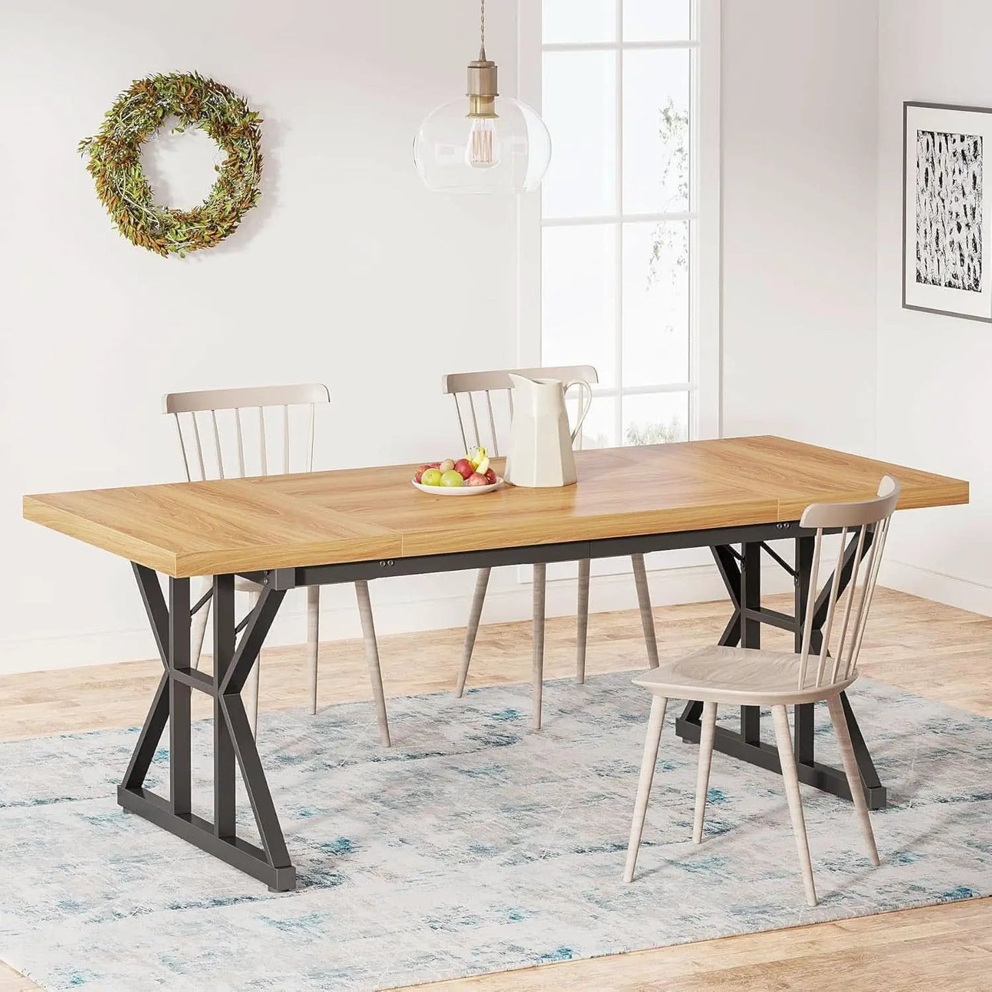 Farmhouse Dining Table 70.8 Inch Wood With Metal Legs from PriceLows™